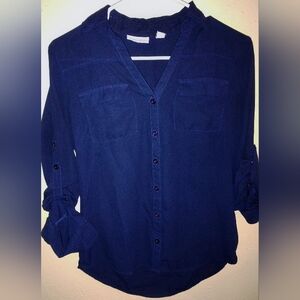 New York & Company Navy Blue Collared Button Up Blouse Size XS